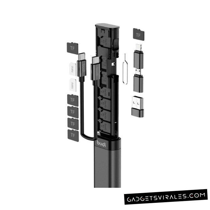 BUDI, 6 cables: equipada con un cable tipo C de casi 11 cm y 3 tipos de adaptadores, esta multiherramienta puede reemplazar hasta 6 tipos diferentes de cables. . Gadget Informático | gadgetsvirales.com
