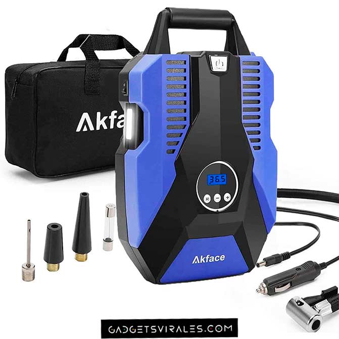 compresor para automóvil AKFACE con bolsa de almacenamiento, manual de usuario, 3 boquillas adicionales extra. Gadgets para Coche | gadgetsvirales.com