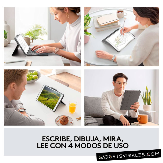 4 modos de uso (escribir, dibujar, mirar, leer) en la Funda Logitech Combo Touch Trackpad Cover para iPad (7.ª, 8.ª y 9.ª generación). Gadget Informático | gadgetsvirales.com