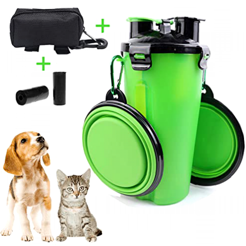 Botella de Agua para Perro con Cuencos Plegables y 30 Bolsas para Excrementos